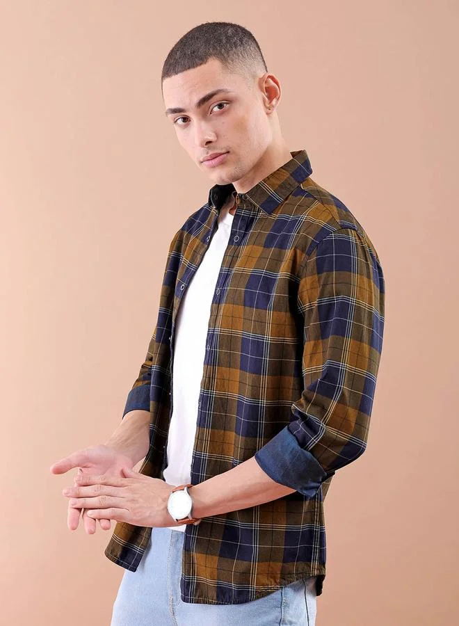 The Indian Garage Co Men Mustard Checked Casual Shirt