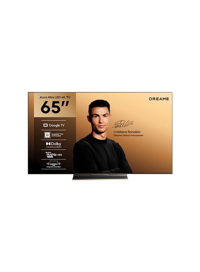 Dreame Aura 65 Inch Smart TV 4k QLED+ with Mini LED Television, Dolby Vision -Atmos 70 W Integrated Soundbar, Google TV, Dreamind Pro AI Processor, Game Master