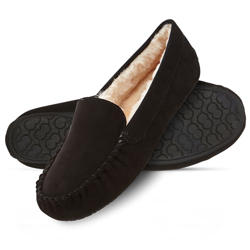 Floopi Women Slippers Moccasins, Soft Faux Fur Lining with Cozy Memory Foam, Ladies House Slippers for Women with Indoor & Outdoor Anti-Skid Sole (11 - Black) - Image 1