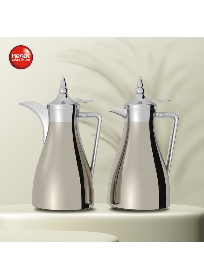 ريجال طقم ترمس قهوة وشاي عربي مزدوج الجدار (1.0 لتر + 1.0 لتر) | جسم ستانلس ستيل وبطانة زجاجية | عزل حراري مزدوجة - Image 1