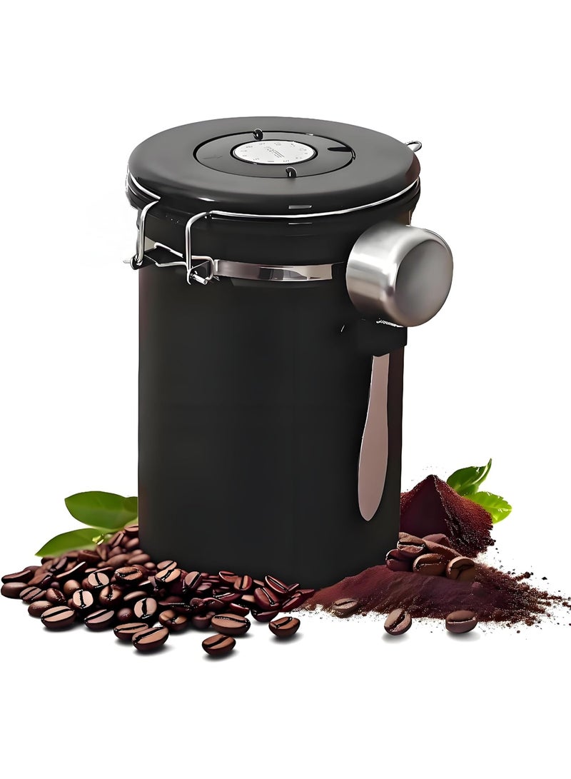 Coffee Canister with Airtight Lid, Stainless Steel Coffee Bean Storage Container with Date Tracker and Scoop, Kitchen Food Container for Grounds Coffee, Beans, Tea, Flour, Cereal, Sugar, 22OZ, Black - Image 1