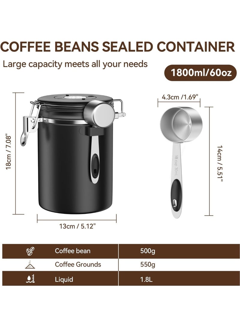 Coffee Canister with Airtight Lid, Stainless Steel Coffee Bean Storage Container with Date Tracker and Scoop, Kitchen Food Container for Grounds Coffee, Beans, Tea, Flour, Cereal, Sugar, 22OZ, Black - Image 2