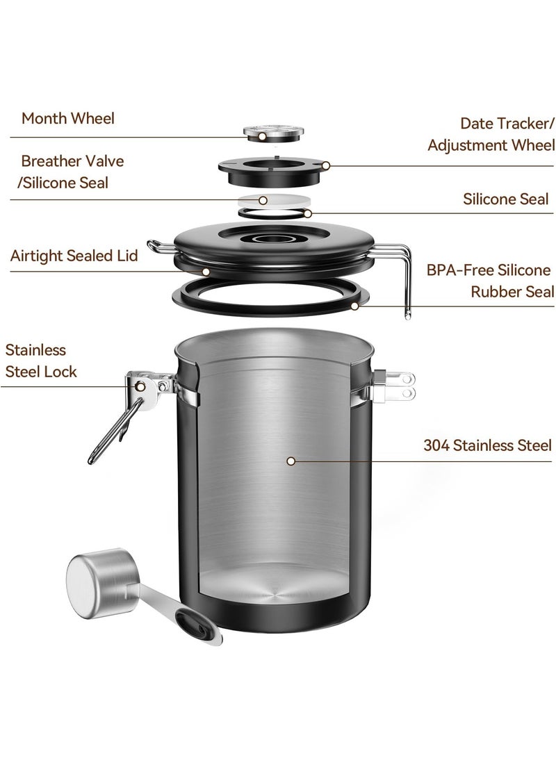 Coffee Canister with Airtight Lid, Stainless Steel Coffee Bean Storage Container with Date Tracker and Scoop, Kitchen Food Container for Grounds Coffee, Beans, Tea, Flour, Cereal, Sugar, 22OZ, Black - Image 4