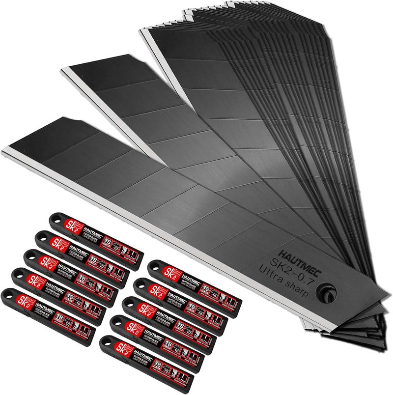 HAUTMEC 100PCS 18mm Triple Cutting-edge Snap Off Blades, Retractable Black Replacement Blades, SK2 Heavy Duty Utility Knife Blades, Strengthened Safety Box, for Box, Carpet, Rope HT0083-100PC - Image 1