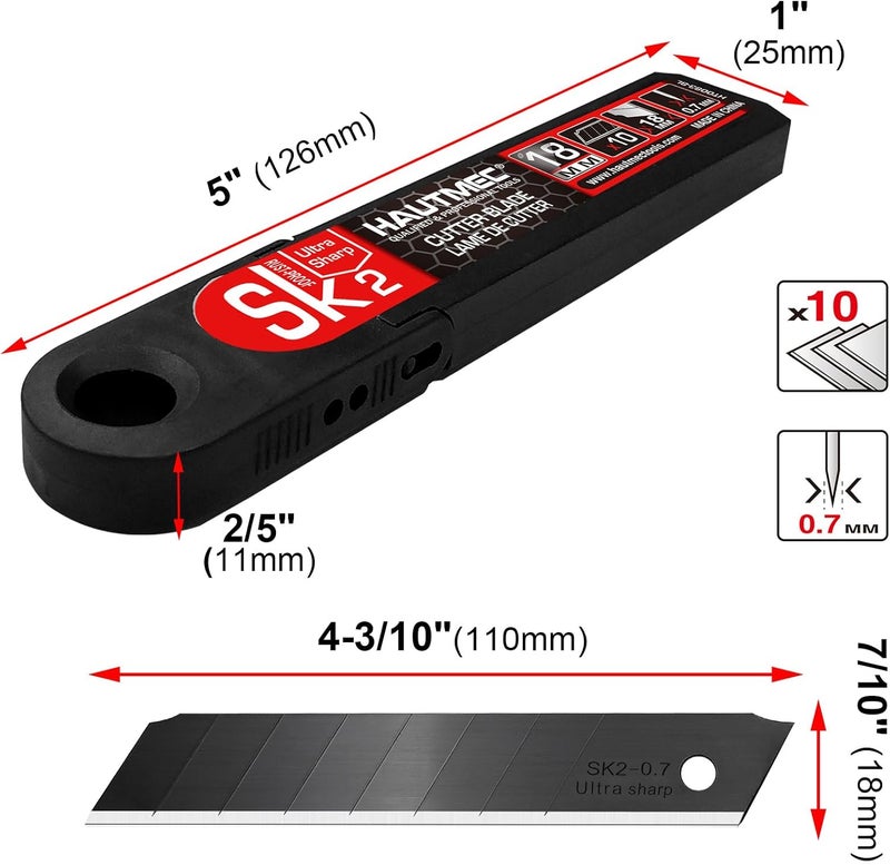 HAUTMEC 100PCS 18mm Triple Cutting-edge Snap Off Blades, Retractable Black Replacement Blades, SK2 Heavy Duty Utility Knife Blades, Strengthened Safety Box, for Box, Carpet, Rope HT0083-100PC - Image 2