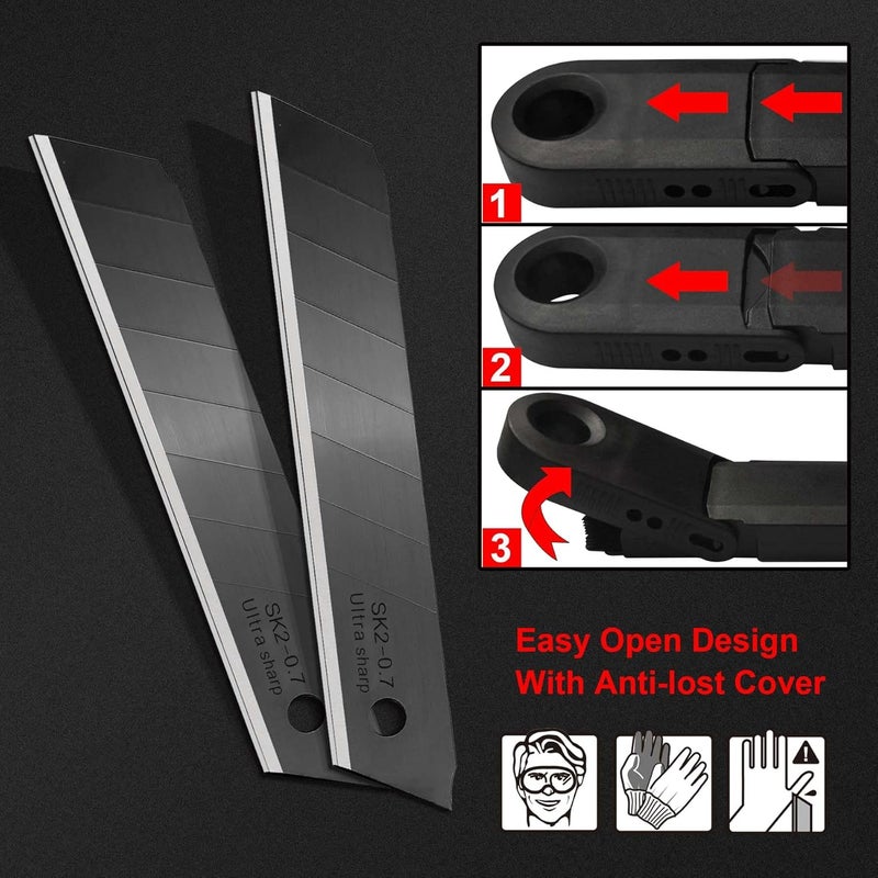 HAUTMEC 100PCS 18mm Triple Cutting-edge Snap Off Blades, Retractable Black Replacement Blades, SK2 Heavy Duty Utility Knife Blades, Strengthened Safety Box, for Box, Carpet, Rope HT0083-100PC - Image 4