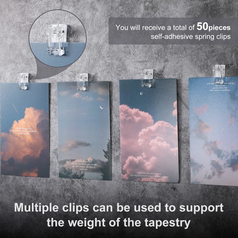 Tenare 50 Pieces Self Adhesive Clips Wall Tapestry Clips Plastic Sticky Picture Hanging Poster for Teachers Double Sided Adhesive Spring for Home Office(Clear) - Image 2
