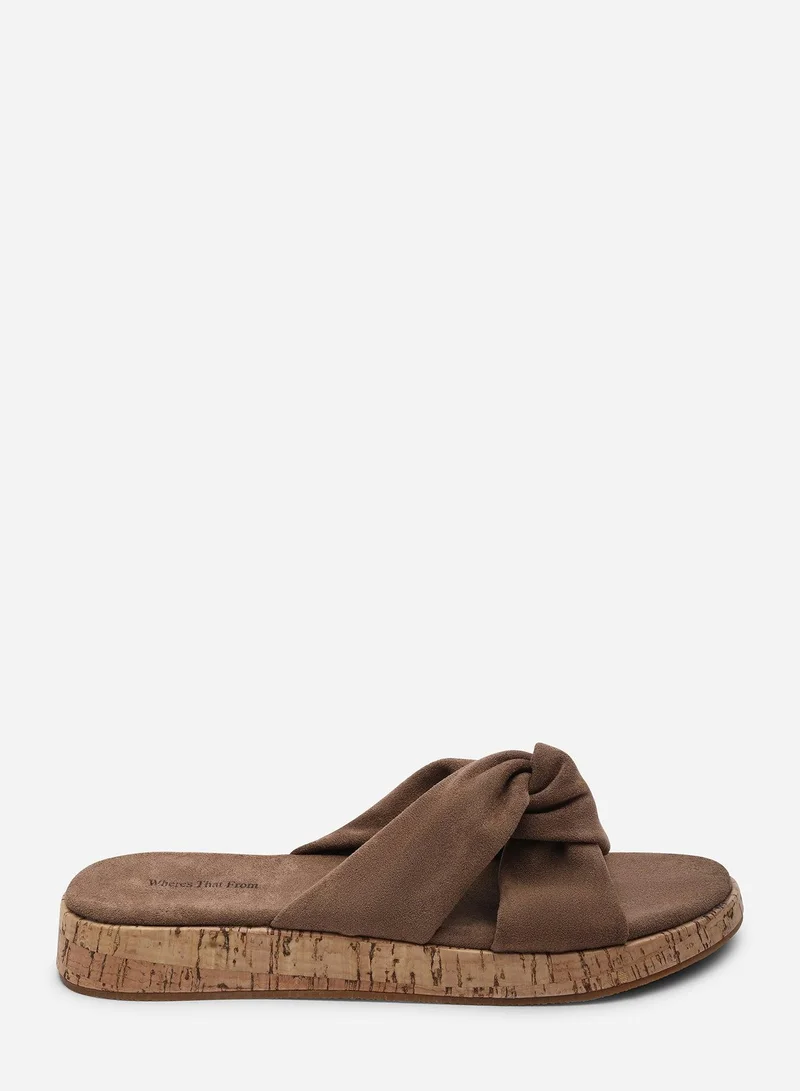 من أين هذه Bowite Knotted Open Toe Camel Suede Low Wedge Sandal
