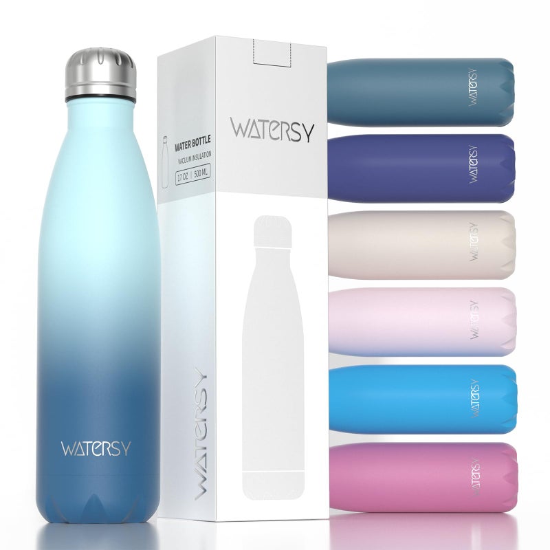 WATERSY Stainless Steel water bottles,17oz/500ml Insulated Water Bottles,Ocean Blue metal water bottle Keeps Drink Cold and Hot,BPA Free kids water bottles for School,Gym,Travel,Sports - Image 1