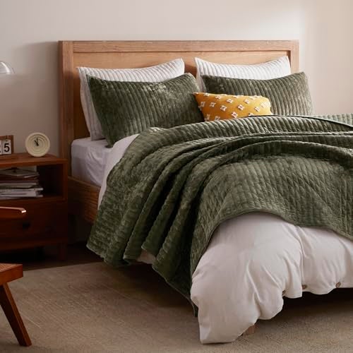 LEAONME Velvet Quilt California King Size 118x106 Lightweight Olive Green Velvet Comforter Set with 2 Matching Shams Soft Cross Stitch Bedspread Coverlet Oversized King Quilt Set for All Season - Image 3