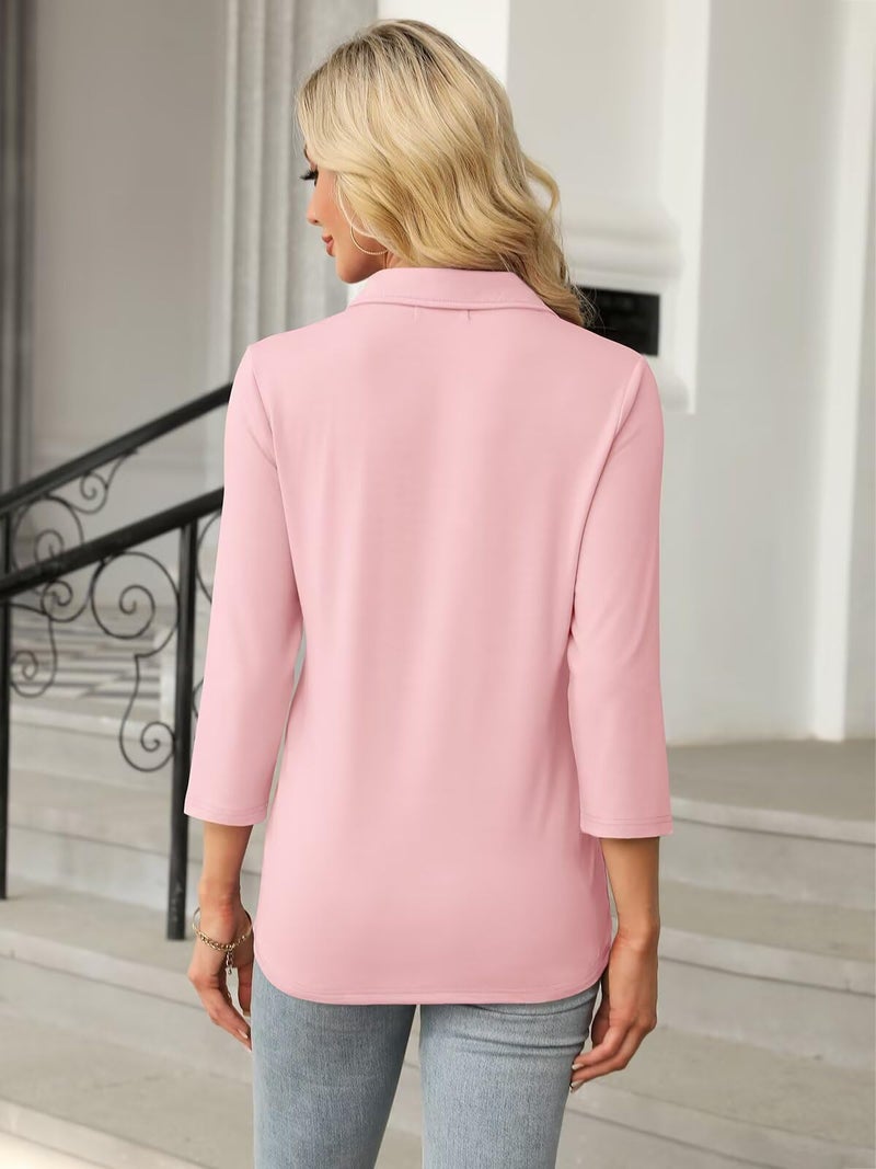 TICTICMISS Women's 3/4 Length Sleeve Tops Collared V Neck T Shirts Polo Zipper Summer Shirts - Image 4