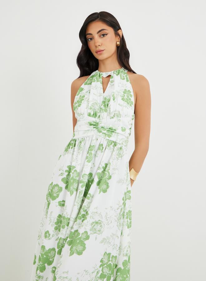 ستايلي فستان ماكسي بحمالات مطبوع بالزهور بتفاصيل فتحة مفتاح - Image 3