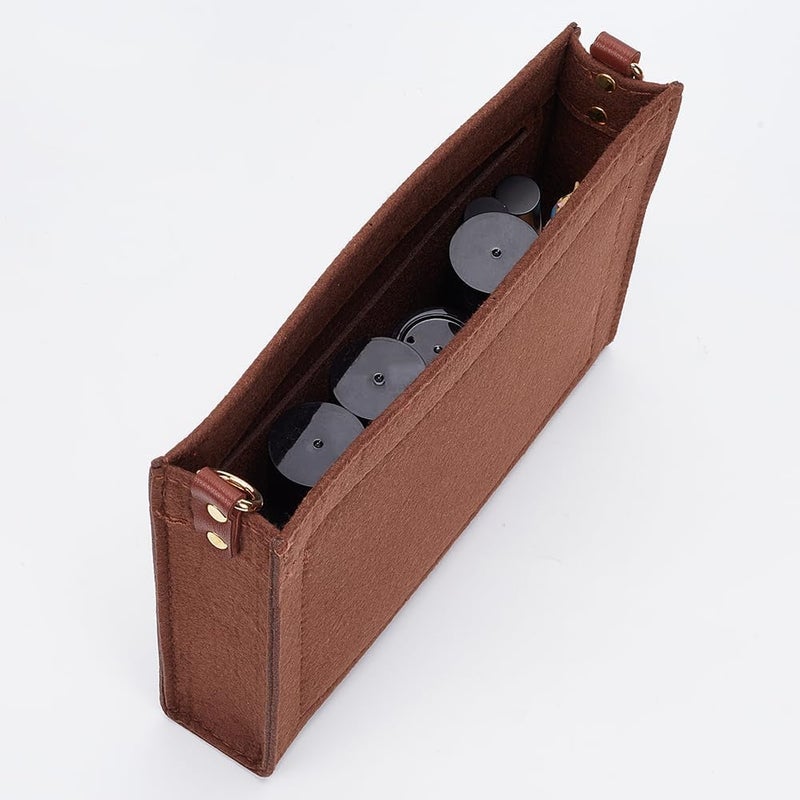 klarako Felt Purse Organizer Insert, Small Tote Handbag Shaper Toiletry Pouch Organizer Insert Liner with D Ring Bag in Bag Multi-pocket Inside Storage Tidy Purse Conversion, 9.05x6.1x1.77 Inch, Brown - Image 4
