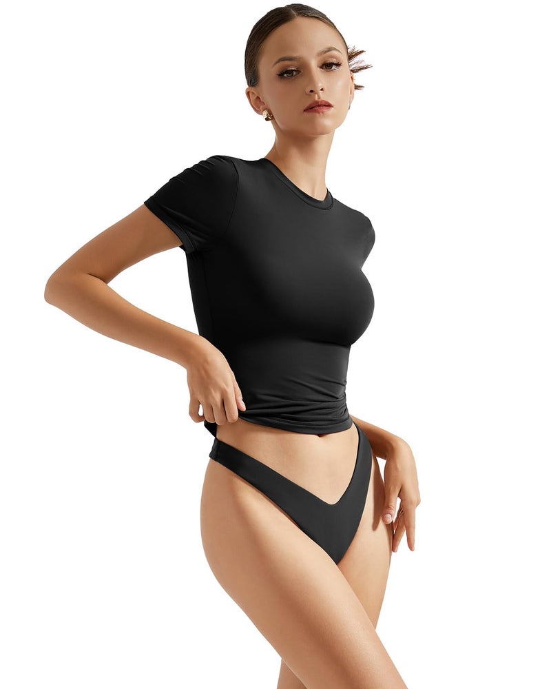 SUUKSESS Women Double Lined Fitted Basic Tee Shirts Crew Neck Short Sleeve Y2K Going Out Crop Tops (Jet Black, M) - Image 2