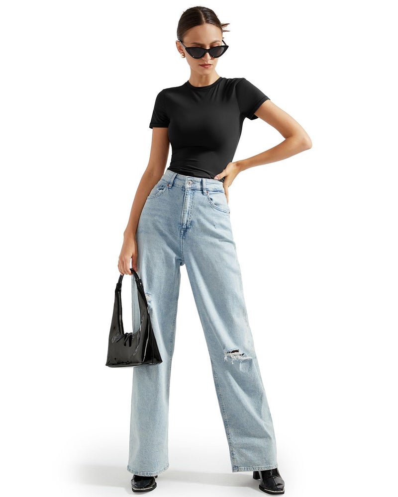 SUUKSESS Women Double Lined Fitted Basic Tee Shirts Crew Neck Short Sleeve Y2K Going Out Crop Tops (Jet Black, M) - Image 5