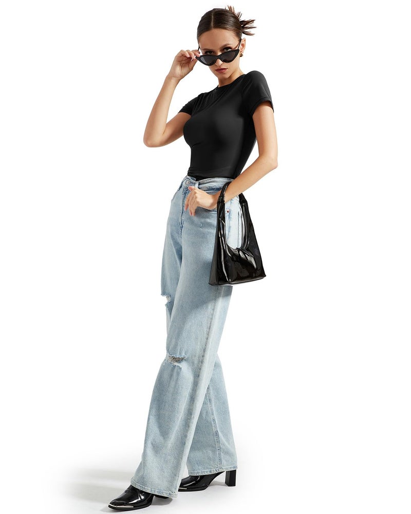 SUUKSESS Women Double Lined Fitted Basic Tee Shirts Crew Neck Short Sleeve Y2K Going Out Crop Tops (Jet Black, M) - Image 4