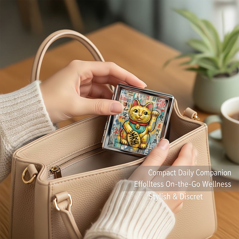Silvery Metal Maneki Neko Pill Organizer With 8 Independent Rectangular Compartments Compact Stylish Medicine Case Vitamin Box - Image 3