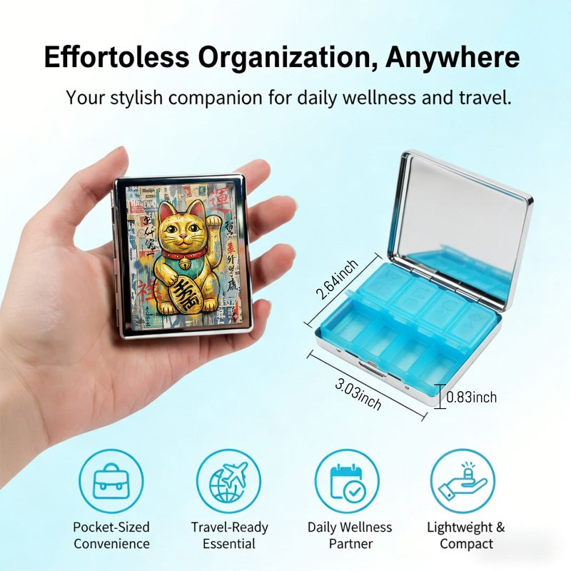 Silvery Metal Maneki Neko Pill Organizer With 8 Independent Rectangular Compartments Compact Stylish Medicine Case Vitamin Box - Image 4