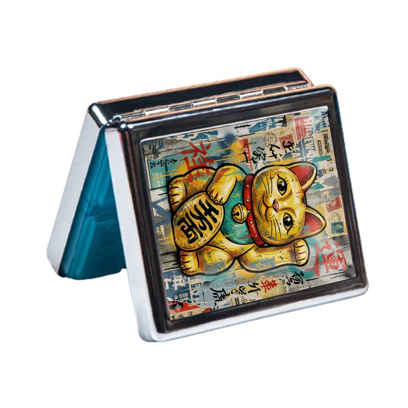 Silvery Metal Maneki Neko Pill Organizer With 8 Independent Rectangular Compartments Compact Stylish Medicine Case Vitamin Box - Image 1