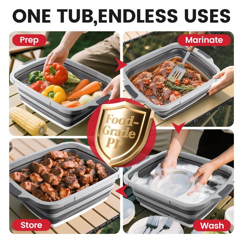 Meegoo BBQ Prep Tub 3-IN-1 Large 16L Collapsible Cutting Board with Locking Lid for Meal Prep Marinating Food, Camping Sink with Colander, Dish Basin, Storage Blanket for Camping Picnic BBQ, Black - Image 4