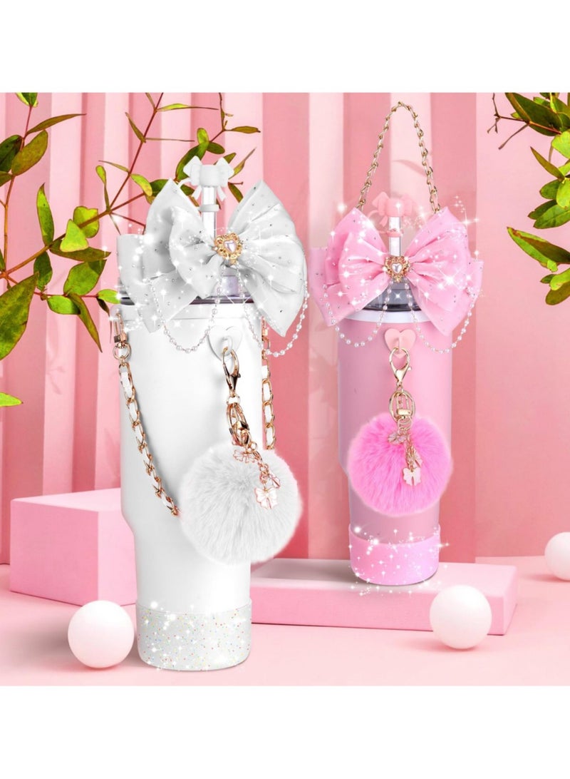 Reema Bling Cup Accessories for Stanley Cup 30oz 40oz 20oz Tumbler with Handle, including Bow Straw Topper Cover, Straw Bow Decorate, Leather Water Bottle Handle Strap, Boot,White - Image 4