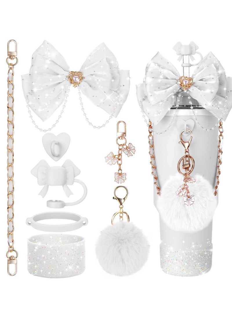 Reema Bling Cup Accessories for Stanley Cup 30oz 40oz 20oz Tumbler with Handle, including Bow Straw Topper Cover, Straw Bow Decorate, Leather Water Bottle Handle Strap, Boot,White - Image 1