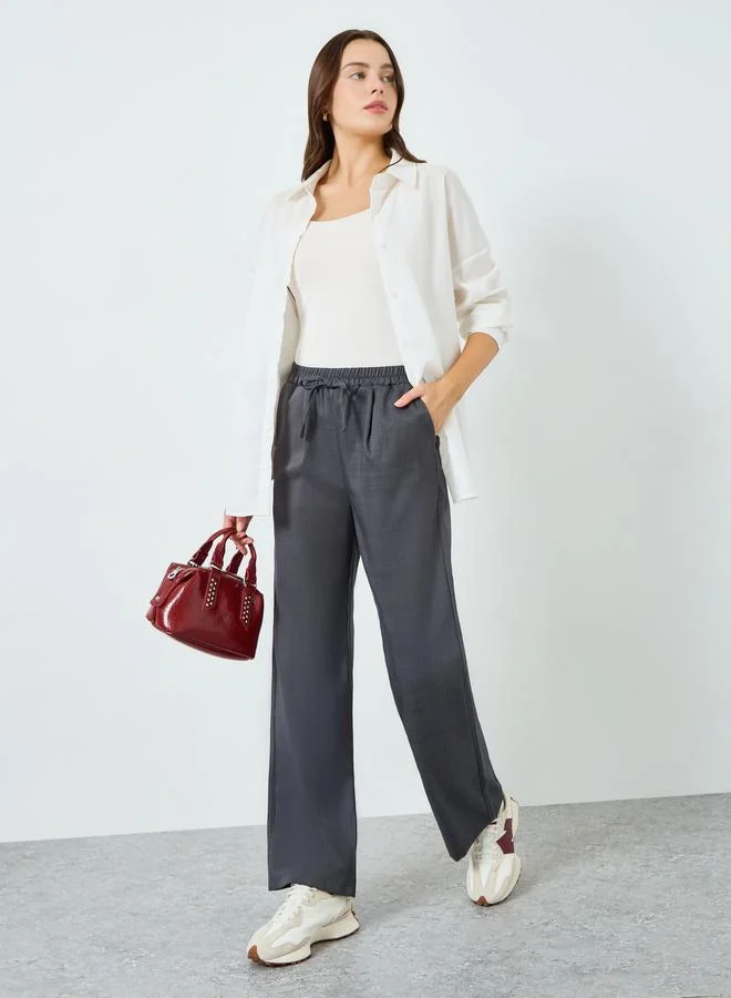 Styli Women Grey Wide Leg Pants with Drawstring