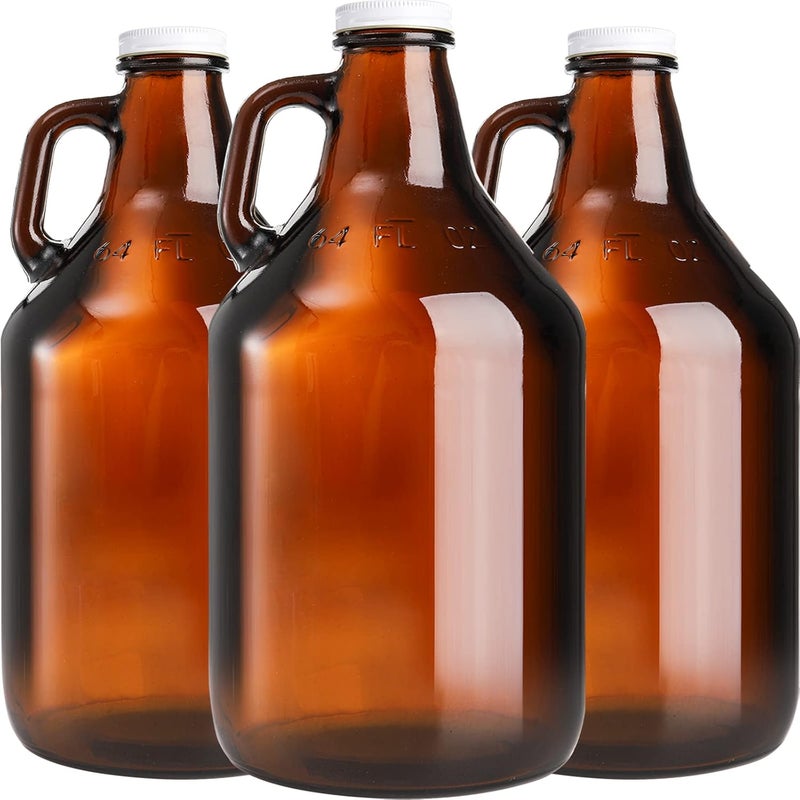 ZEAYEA 3 Pack 64 oz Glass Growler Jug, Amber Half Gallon Jug Set with Lids and Handle Great for Beer, Home Brewing, Kombucha, Distilled Water - Image 1