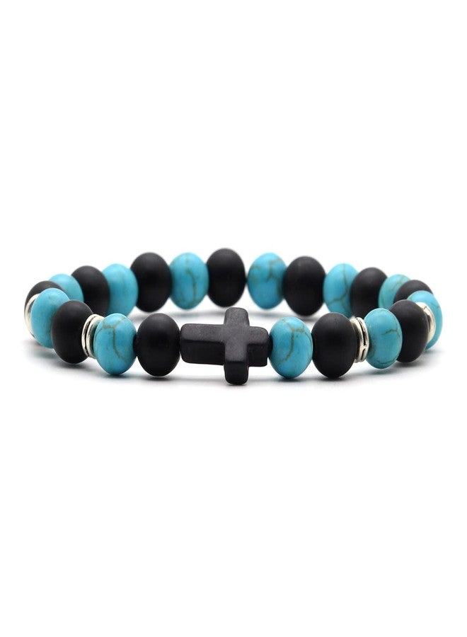 اكسوسامس سوار Xusamss Fashion من خرز العقيق غير اللامع 8 مم، سوار مطاطي متقاطع (فيروز أخضر/عقيق أسود) - Image 1