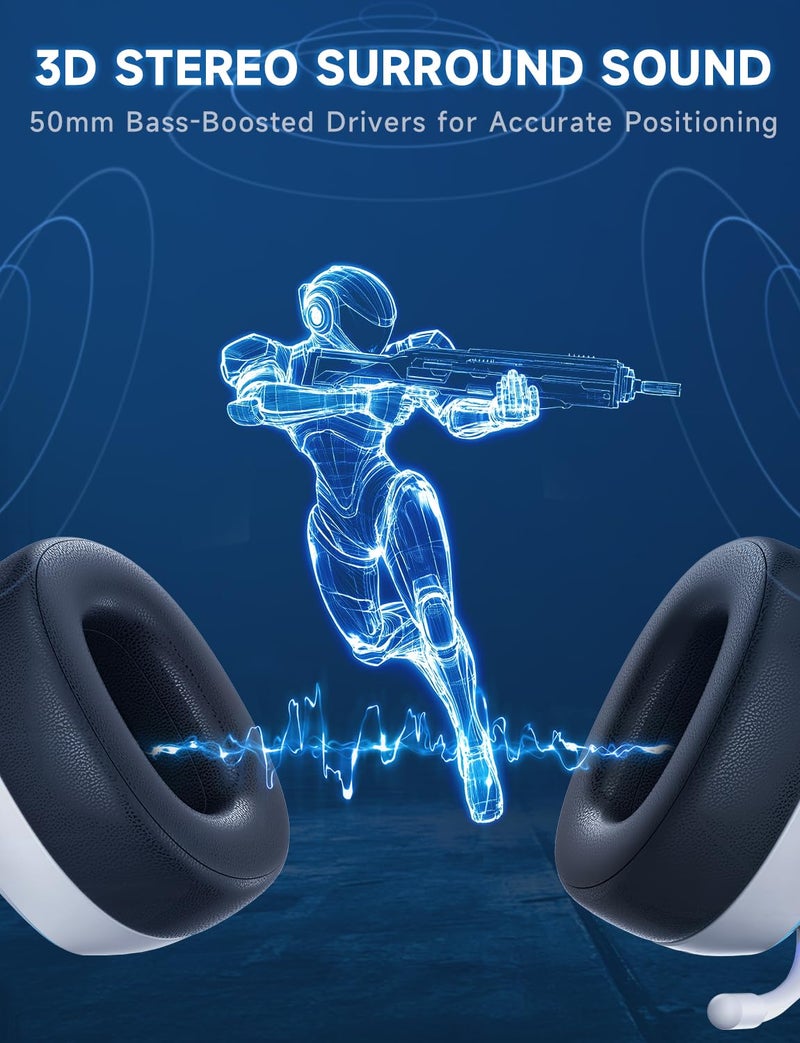 Gvyugke 2.4GHz Wireless Gaming Headsets for PS5, PS4, PC, Switch - Bluetooth 5.3 Gaming Headphones with Noise Canceling Mic, 7.1 Surround Sound, 70H Battery, Blue Lighting - White - Image 5