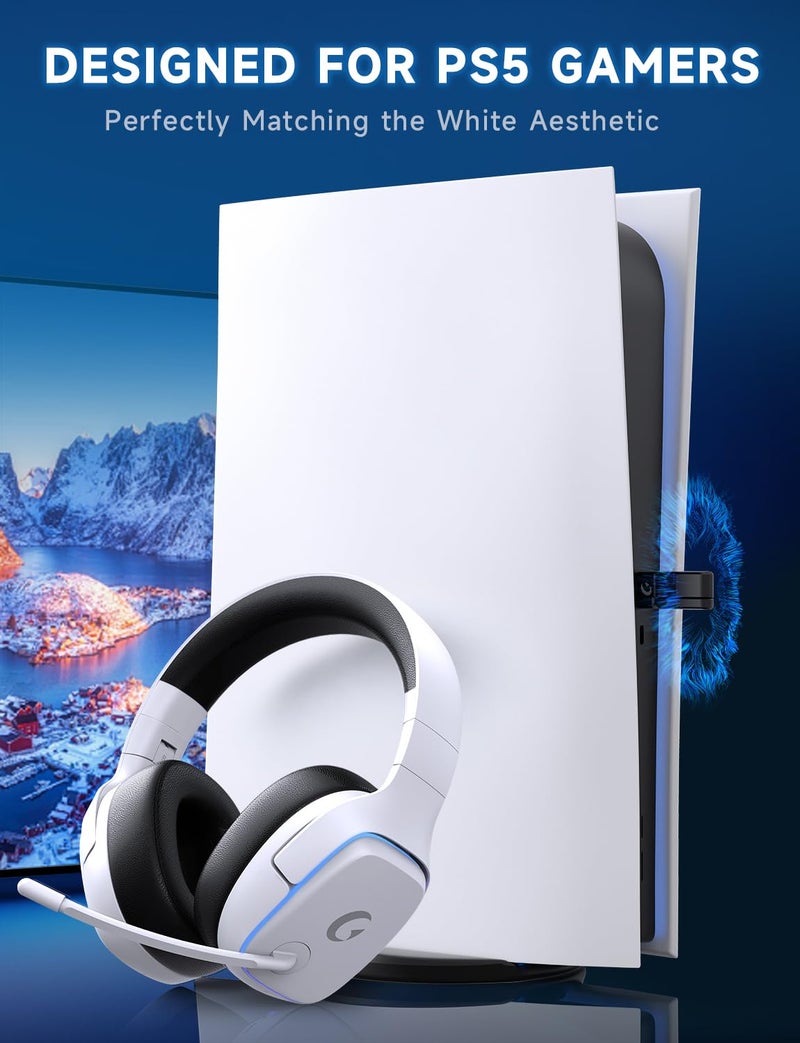 Gvyugke 2.4GHz Wireless Gaming Headsets for PS5, PS4, PC, Switch - Bluetooth 5.3 Gaming Headphones with Noise Canceling Mic, 7.1 Surround Sound, 70H Battery, Blue Lighting - White - Image 2