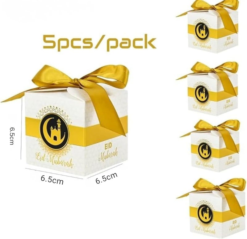 Eid Mubarak Gift Boxes – Pack of 5 Ramadan Favor Boxes in White & Gold, Elegant Treat Box for Sweets, Dates, Chocolates, and Gifts for Kids | Eid Gift Bags (White) - Image 3