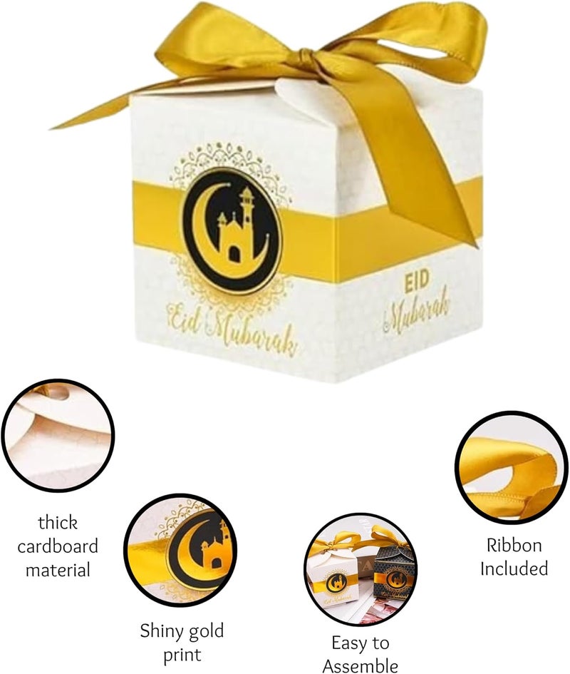 Eid Mubarak Gift Boxes – Pack of 5 Ramadan Favor Boxes in White & Gold, Elegant Treat Box for Sweets, Dates, Chocolates, and Gifts for Kids | Eid Gift Bags (White) - Image 2