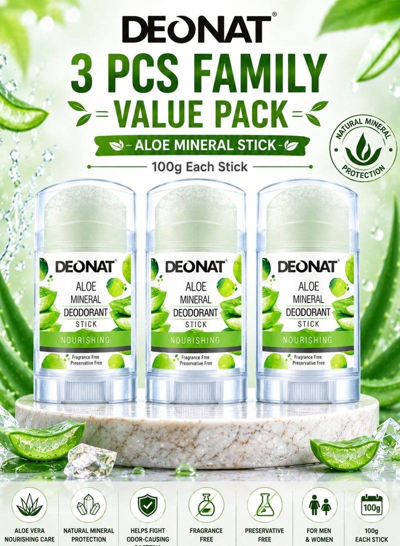 DEONAT Aloe Mineral Deodorant Stick Nourishing 100g Pure Crystal Alum Deodorant with Aloe Vera Extract Hydrating Soothing Chemical Free Fragrance Free Preservative Free Long Lasting Odor Protection for Men and Women Pack of 3 - Image 1
