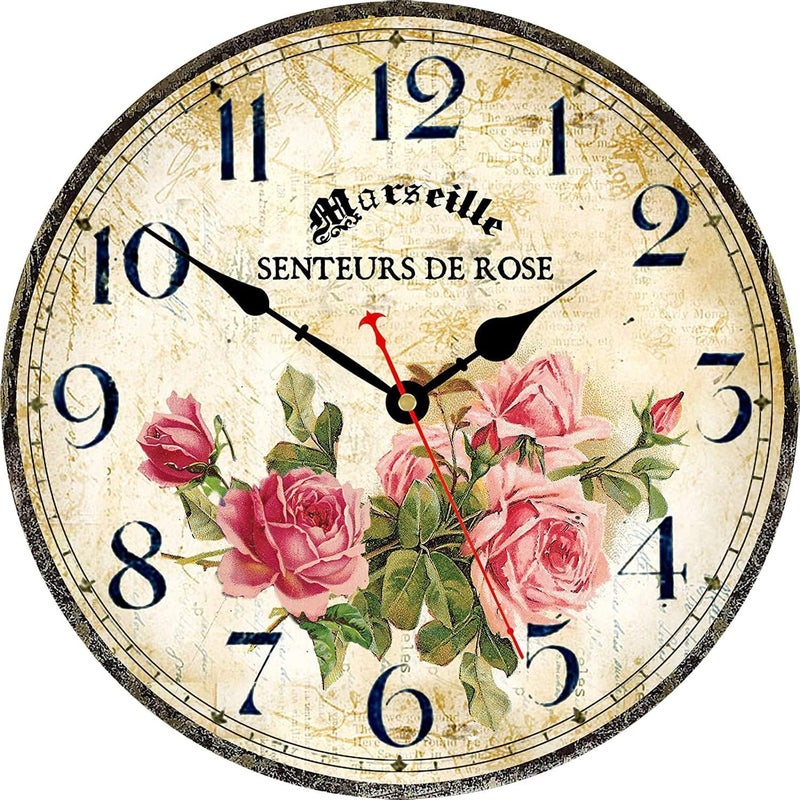 Toudorp Home Decor Wall Clock 30 cm - Quiet, Non-Ticking, Battery Operated, Retro French Flower Pattern (Pink Roses) - Image 1