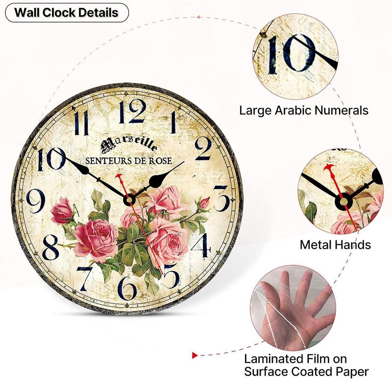 Toudorp Home Decor Wall Clock 30 cm - Quiet, Non-Ticking, Battery Operated, Retro French Flower Pattern (Pink Roses) - Image 4