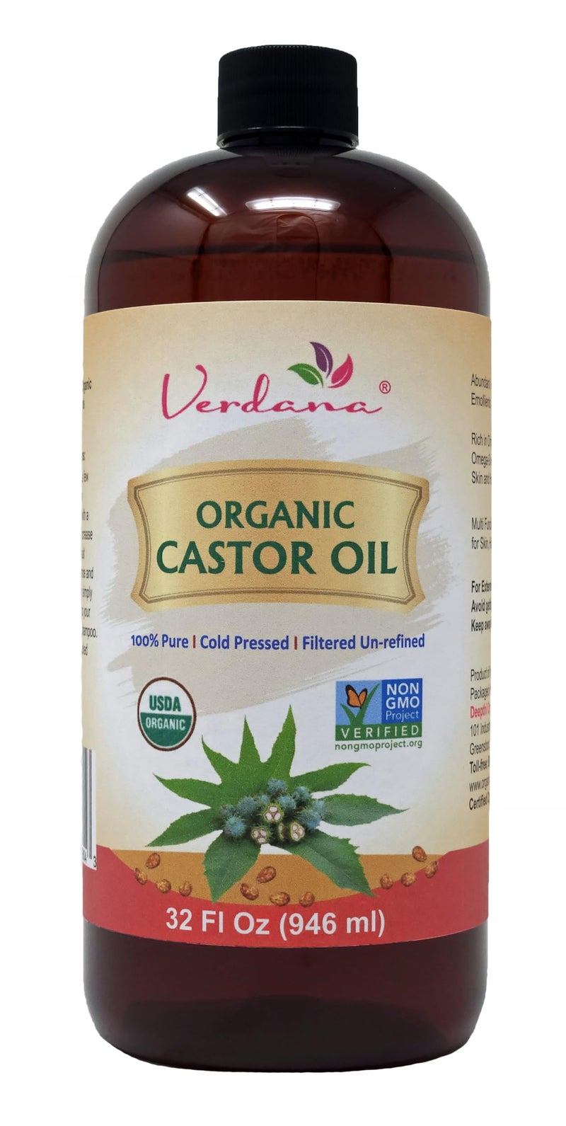 Verdana Organic Castor Oil â€“ 32 Fl Oz Bulk Size â€“ Cold Pressed, Unrefined, Hexane-Free â€“ USDA Organic â€“ Natural Moisturizer for Hair Growth, Eyelashes, Skin, Scalp & Castor Oil Packs - Image 1