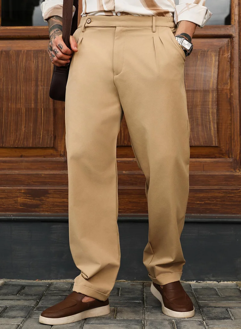 Campus Sutra Campus Sutra Men's Khaki Brown Extended-Waistband Pleated Trousers | Mid-Rise , Cuffed Hem , Button Closure , Tailored -Fit | Solid Plain | Polyester Blend Trouser For Casual Wear