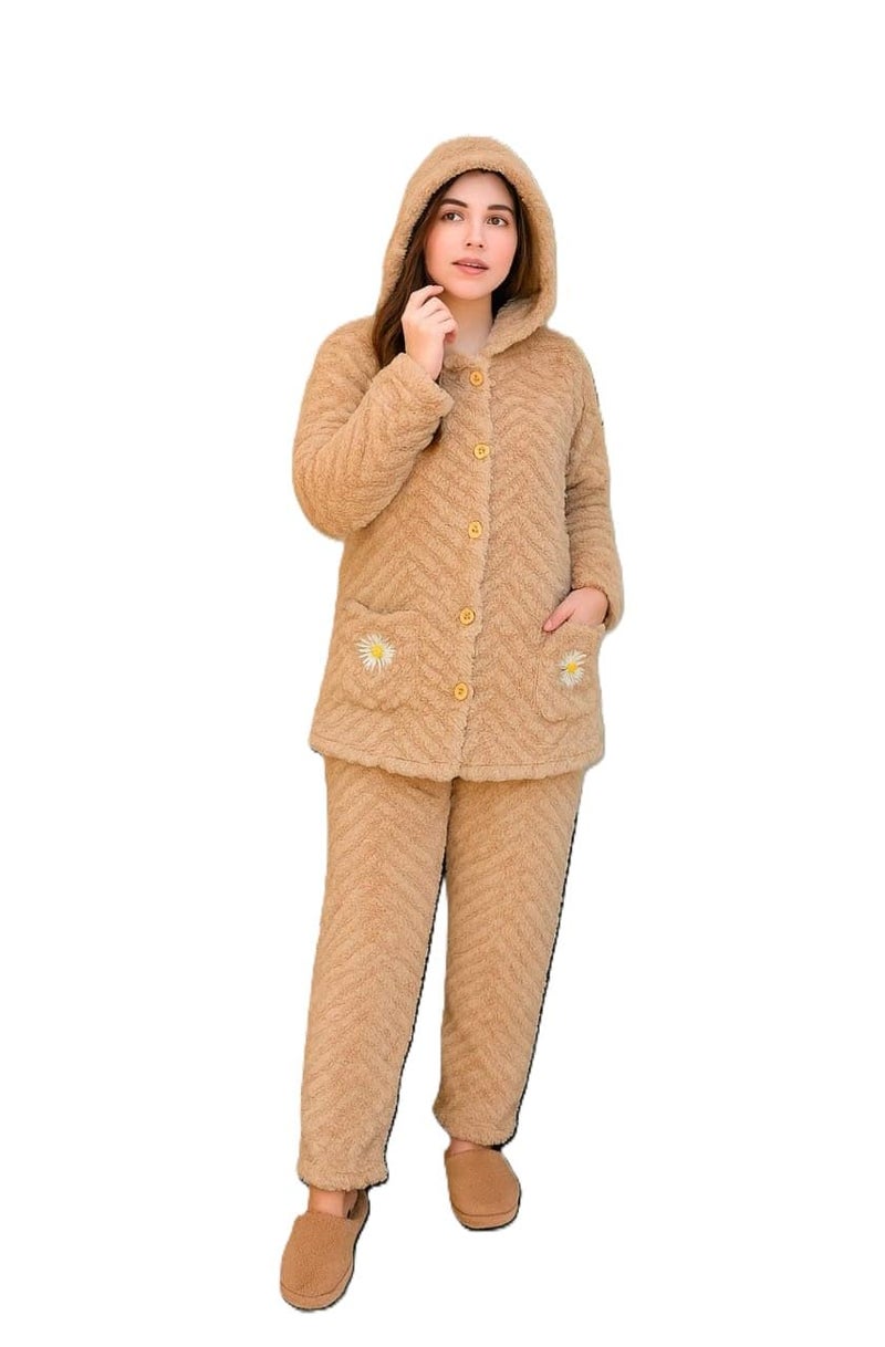 Ukal Women's Wool Blend & Fleece Long Sleeve Pullover Hoodies Set Full Length Winter Nightwear Pajama and top Set Tracksuit Gym Suit Night Suit (in, Alpha, L, Plus Size, Brown) - Image 1