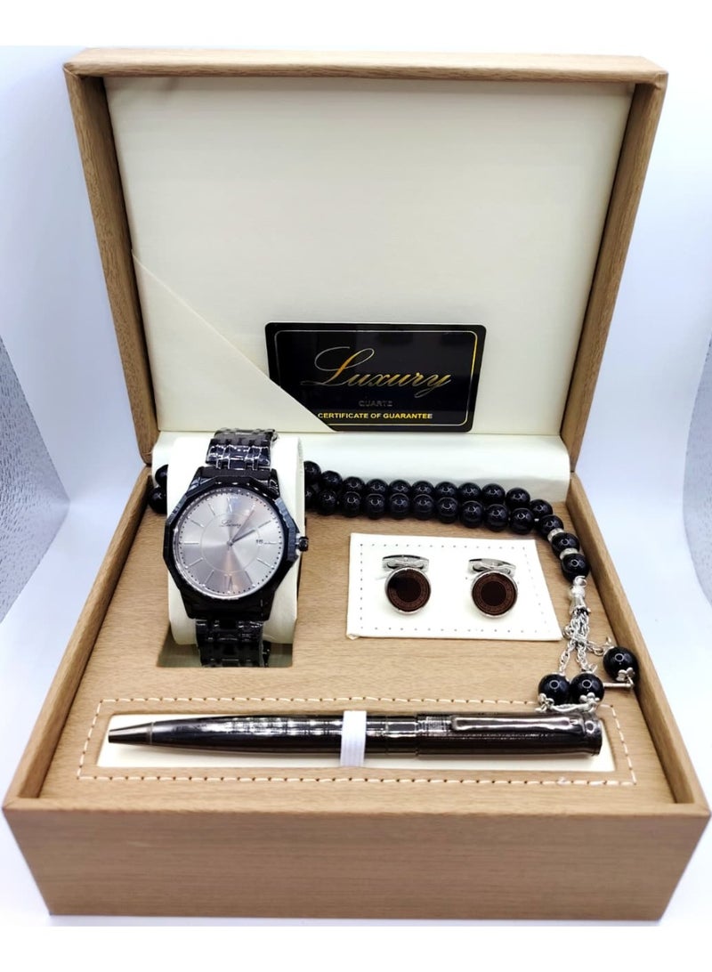 لكجر طقم هدية ساعة رجالية راقية و بجودة عالية ساعة, وقلم, وسبحة, وكبك, سوار أسود مع ميناء فضي