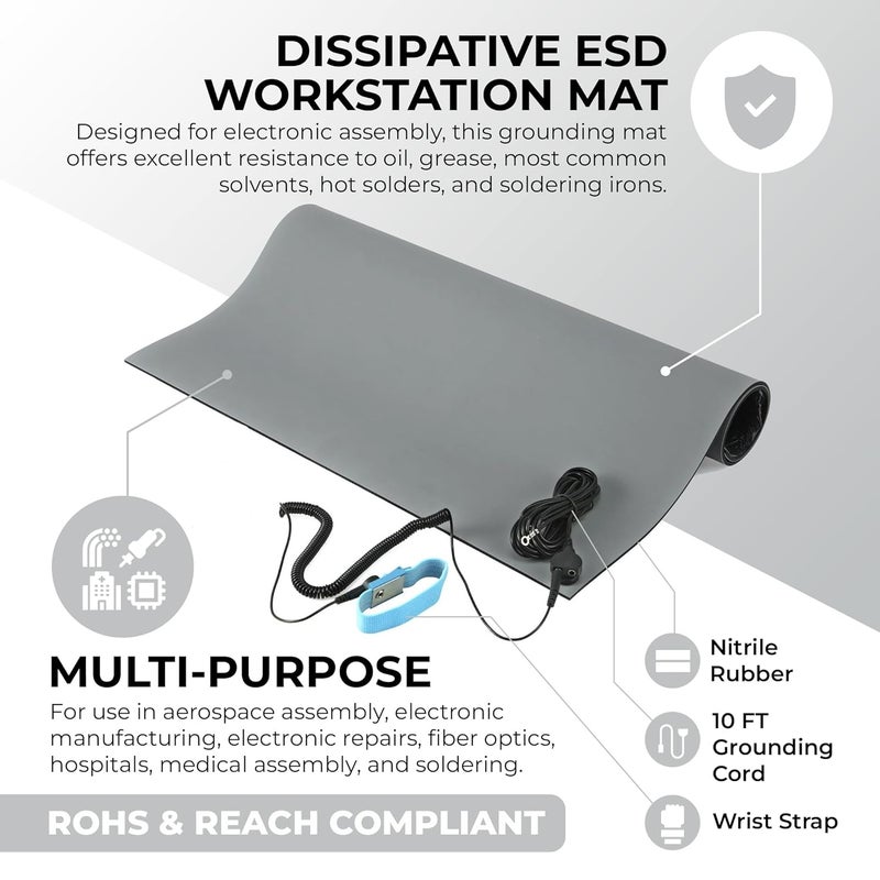 MWRF Source ESD Mat Kit with Wrist Strap and Grounding Cord (0.12" Thickness) (18 Inches x 47 Inches, Grey) - Image 2