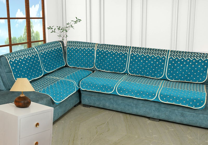 SAWNA HOMES L Shape Premium 6 Seater Velvet Sofa Cover Set, 12 Pieces Printed Sofa Back Covers, Slip Cover 3, 2, 1 Seater Cover for Long Sofa, Couch Premium Slip Covers Protector,Sky Blue (Pack of 6) - Image 4