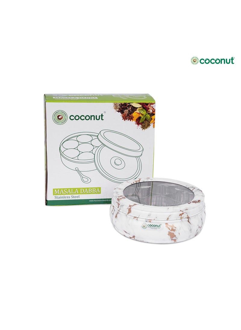 Coconut coconut Stainless Steel - Marble-Look Masala Box With See Through Lid | Belly Shape Spice Organiser With 7 Containers & Spoon | Must Have Kitchen Essentials  - Image 3