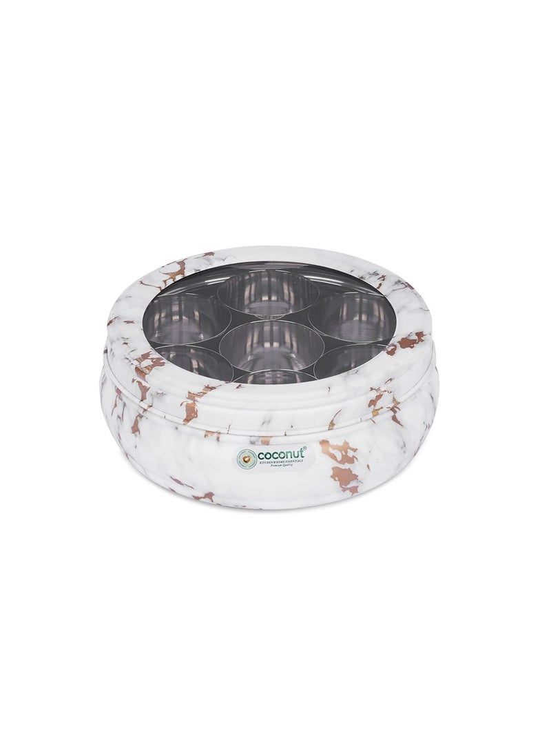Coconut coconut Stainless Steel - Marble-Look Masala Box With See Through Lid | Belly Shape Spice Organiser With 7 Containers & Spoon | Must Have Kitchen Essentials  - Image 1