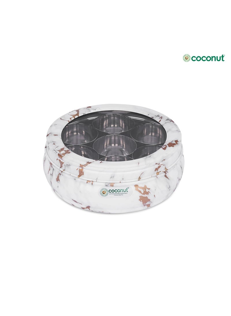 Coconut coconut Stainless Steel - Marble-Look Masala Box With See Through Lid | Belly Shape Spice Organiser With 7 Containers & Spoon | Must Have Kitchen Essentials  - Image 2