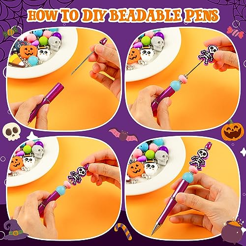 FFNIU Halloween Beadable Pens, Plastic Bead Pens with 12 Pcs Silicone Beads, Pumpkin Bat Skull Pen for Halloween Gifts School Office Supplies - Image 4