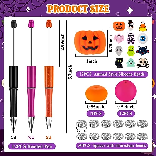 FFNIU Halloween Beadable Pens, Plastic Bead Pens with 12 Pcs Silicone Beads, Pumpkin Bat Skull Pen for Halloween Gifts School Office Supplies - Image 5