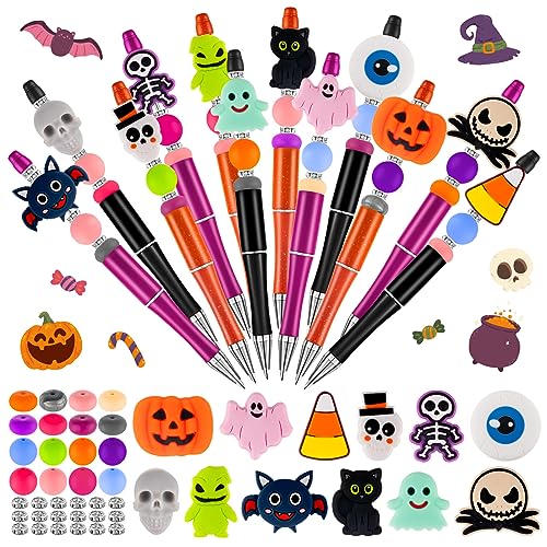 FFNIU Halloween Beadable Pens, Plastic Bead Pens with 12 Pcs Silicone Beads, Pumpkin Bat Skull Pen for Halloween Gifts School Office Supplies - Image 1