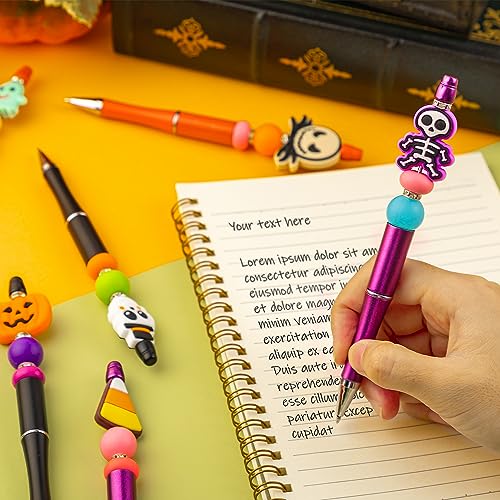 FFNIU Halloween Beadable Pens, Plastic Bead Pens with 12 Pcs Silicone Beads, Pumpkin Bat Skull Pen for Halloween Gifts School Office Supplies - Image 3