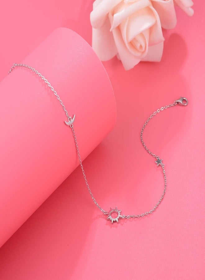 ACJNA 925 Sterling Silver Ankle Bracelets Moon Star Sun Universe/Flower/Sunflower/Heart/Sideway Cross/Sea Turtle Starfish Adjustable Anklet Jewelry Foot Chain for Women 9+8inch - Image 2